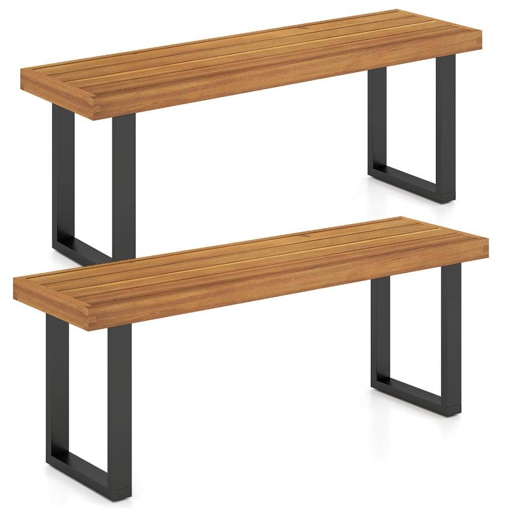 Set of 2 48 in. Acacia Wood and Metal Outdoor Dining Benches, Natural and Black