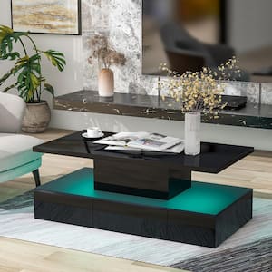 39.3 in. Modern Black Rectangle Wood High Gloss Coffee Table with Drawer and 16-Color LED Lights