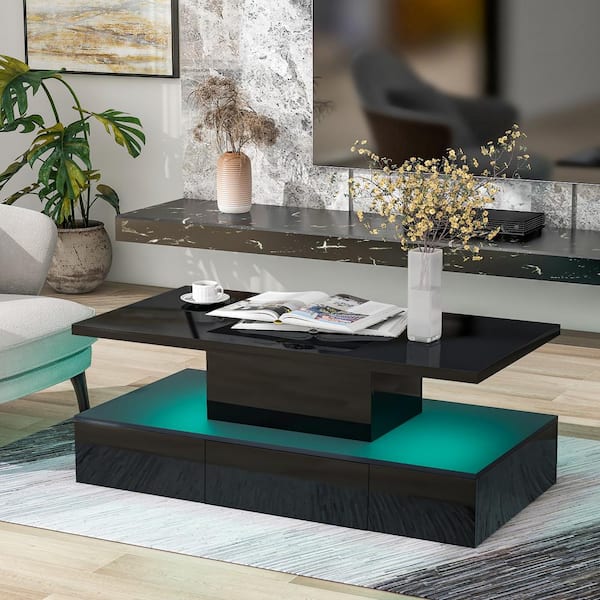 Harper & Bright Designs 39.3 in. Modern Black Rectangle Wood High Gloss Coffee Table with Drawer and 16-Color LED Lights