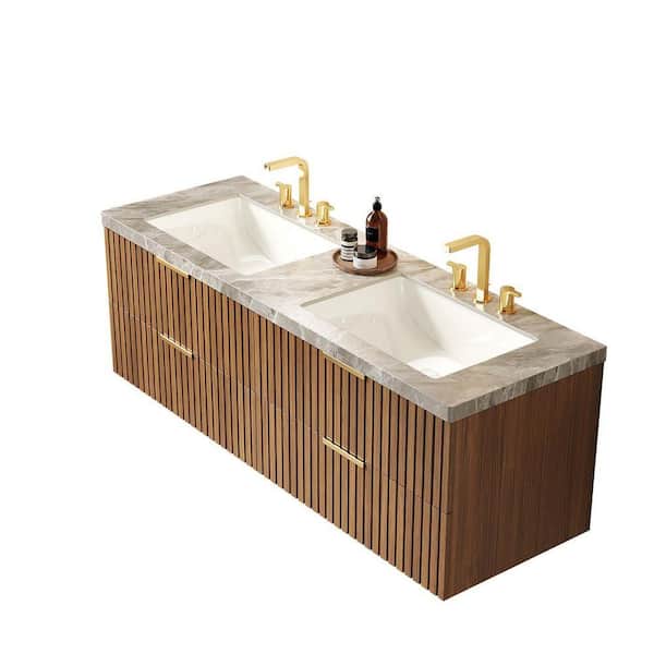 60 in. W x 20 in. D x 20 in. H Wall-Mounted Bath Vanity in Oak with Light Gray Sintered Stone Top