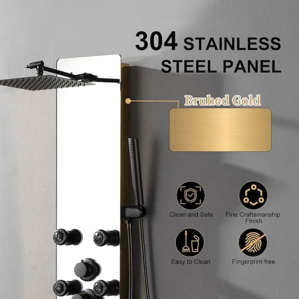 8-Jet Multifunction Shower Panel System with Adjustable Rainfall Shower Head, Handheld in Matte Black Gold