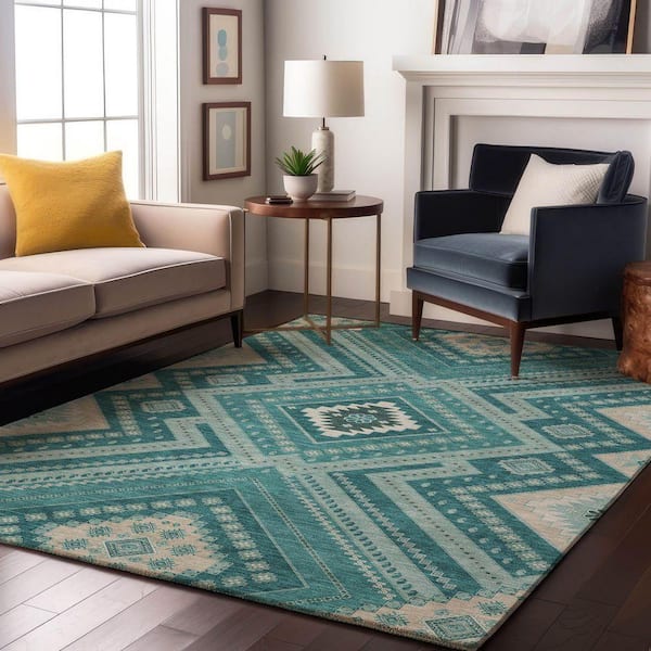 Mayfield Premium Machine Washable Abstract AMF1010 Teal 10 ft. x 14 ft. Area Rug