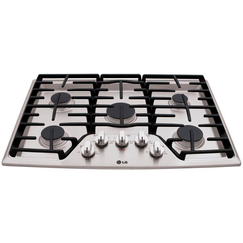 LG Electronics 30 in. Recessed Gas Cooktop in Stainless Steel w/ 5 Burners Including 17K SuperBoil Burner, Heavy Duty Cast Iron Grates, Silver