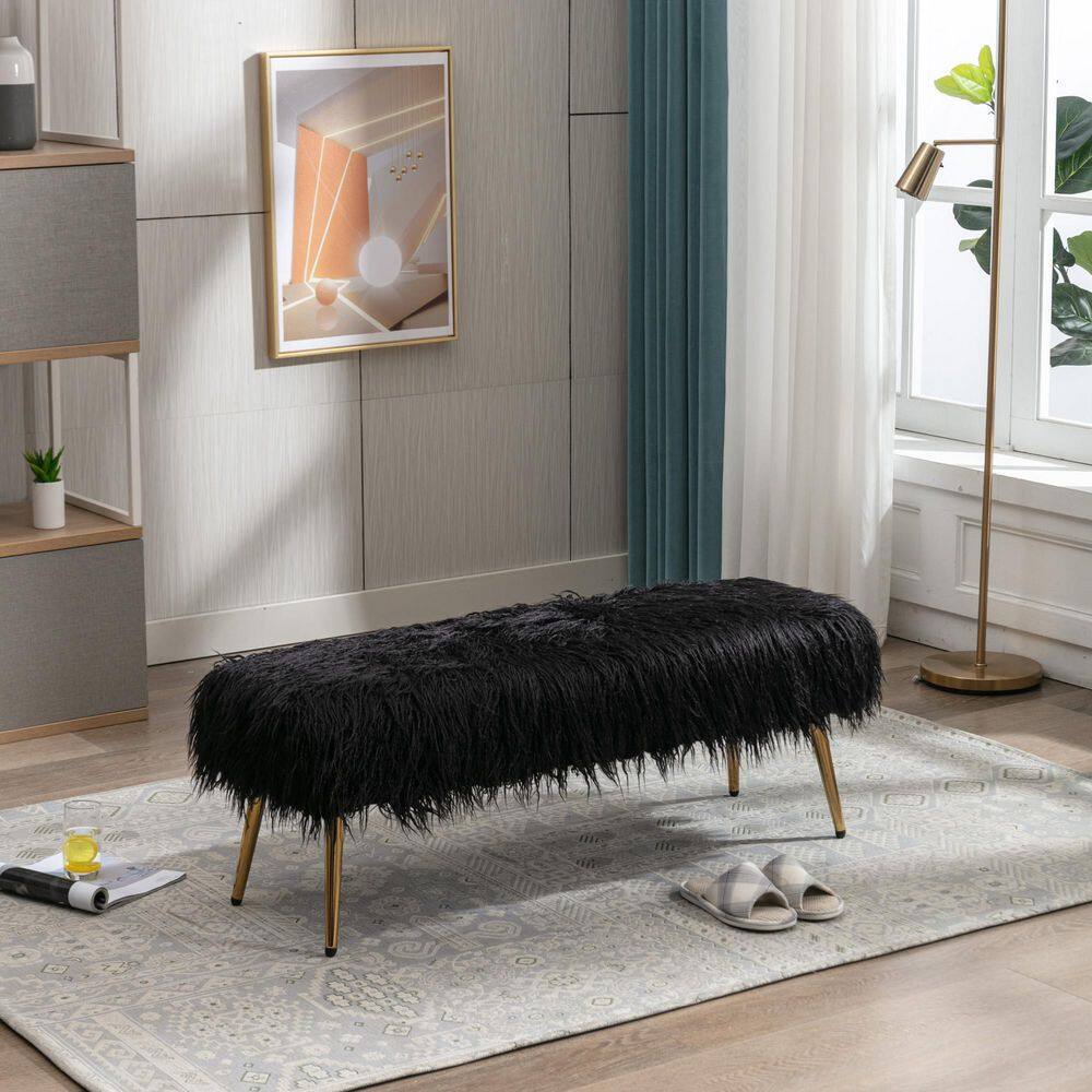 URTR Black Faux Fur Fabric Ottoman Bench Fluffy Upholstered Bench for