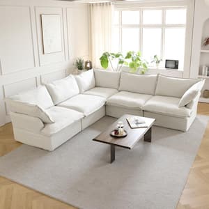 123 in. Flared Arm 5-Piece Linen Modular Sectional Sofa in White