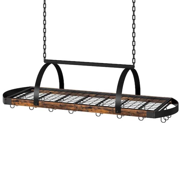 Rustic Brown and Black Ceiling Mounted Hanging Pot Rack with Mesh Shelf and 24 S-Hooks for Cookware Storage
