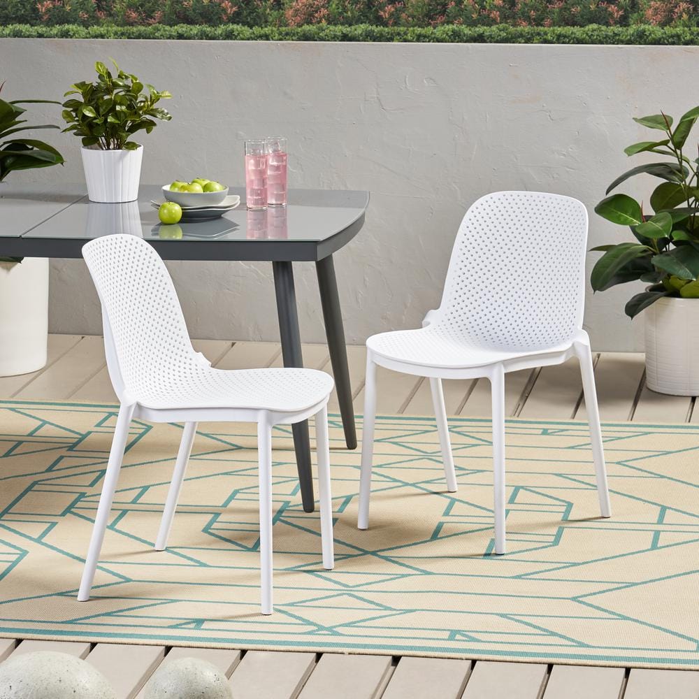 White Plastic Armless Stackable Dining Chairs, Set of 2