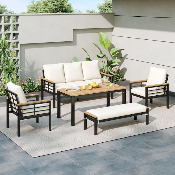 Harper & Bright Designs 5-Piece Metal and Wood Outdoor Patio Conversation Set with Acacia Wood Table and Beige Cushions