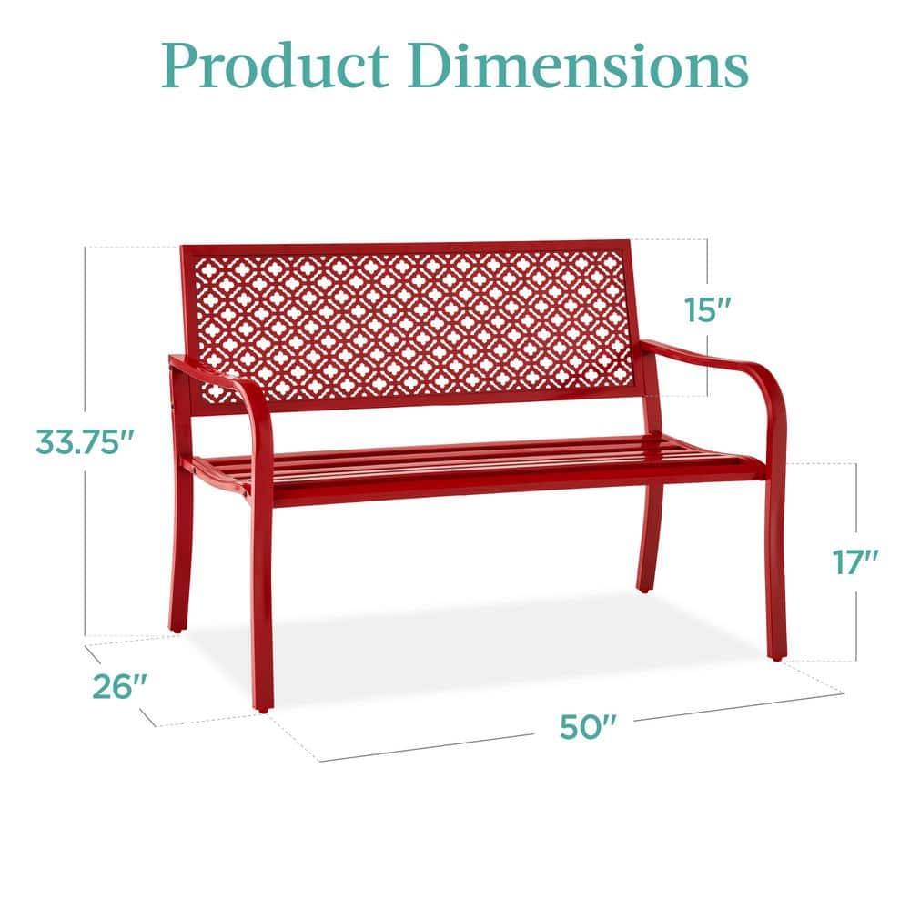 Rose Red Steel Outdoor Bench with Geometric Backrest