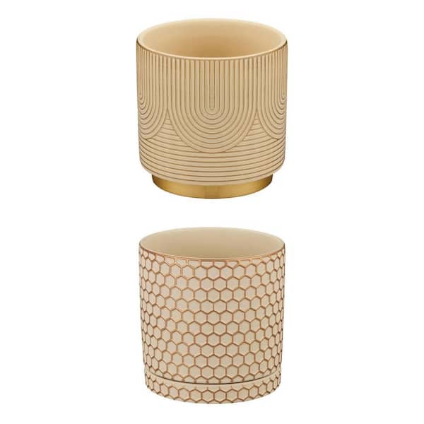 Cohen Beige and Gold & Demetria Gold Bohemian Small Ceramic Planter Combo (2 Piece)