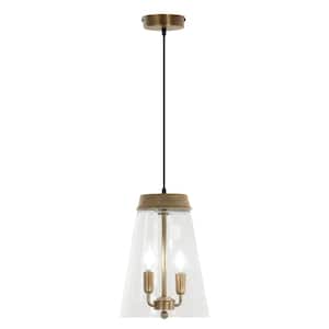 Kinsley 2-Light Gold Shaded Pendant Light with Glass and Mango Wood Empire Shade