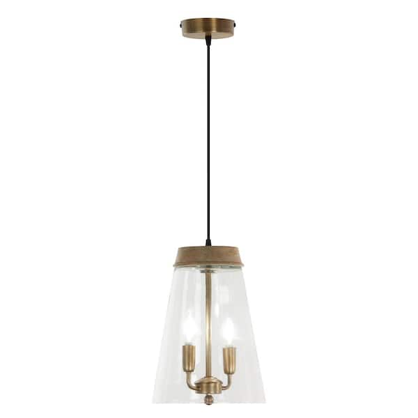 River of Goods Kinsley 2-Light Gold Shaded Pendant Light with Glass and Mango Wood Empire Shade