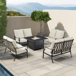 Black Aluminum Fire Table Set with 4-Deep Seating Loveseats