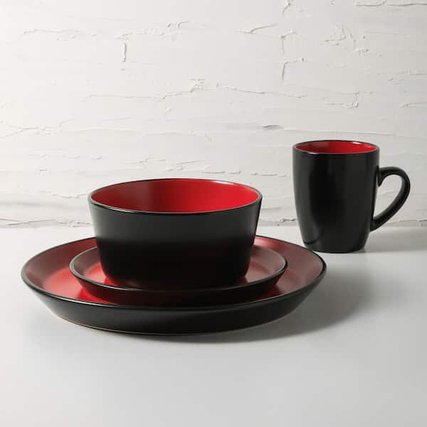 Stone Lain Albie 16-Piece Red and Black Dinnerware Set Stoneware (Service for Set for 4)