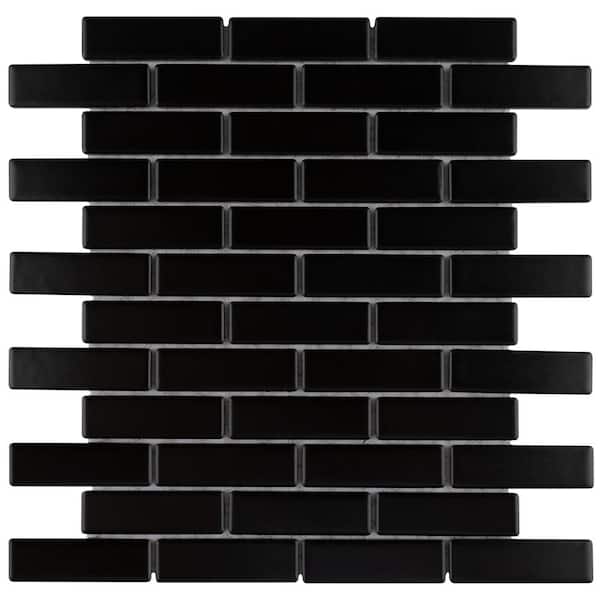 Merola Tile Metro Brick Subway Matte Black 11-1/2 in. x 11-3/4 in. Porcelain Mosaic Tile (9.6 sq. ft./Case)