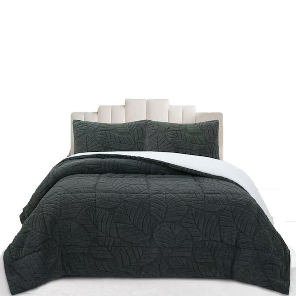 MEL 3-pieces Forest Green Leaf Pattern Jacquard King Size Polyester Plush Comforter Set Warm