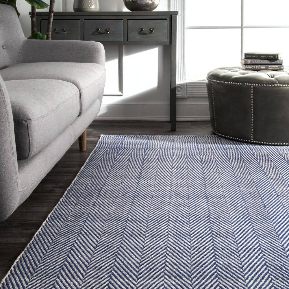 Hand Loomed Navy Herringbone 8' x 10' Wool Area Rug