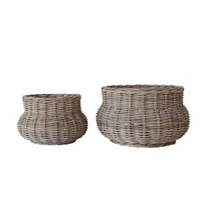 Gray Hand-Woven Rattan Plant Based Round Floor Planters (2-Pack)