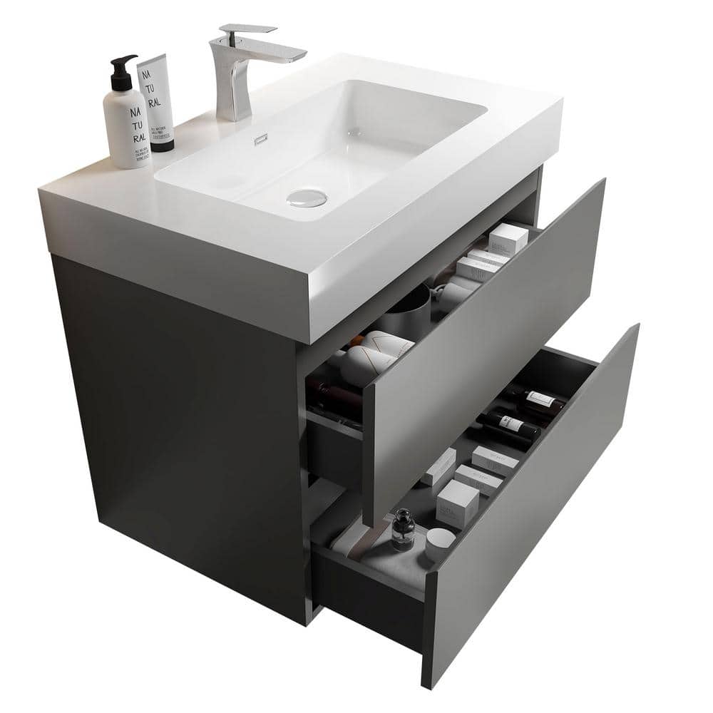 Alice 30" Gray MDF Floating Vanity with Solid Surface Sink