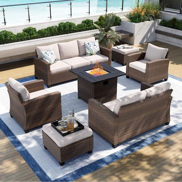 PHI VILLA Brown Rattan Wicker 7-Piece Steel Outdoor Patio Conversation Set with Beige Cushions, Square Fire Pit Table