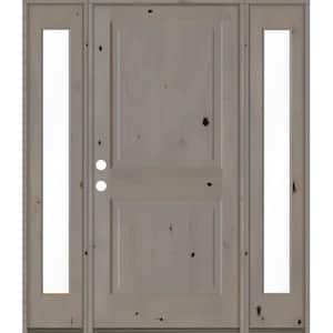 64 in. x 80 in. Rustic Knotty Alder Right-Hand/Inswing Clear Glass Grey Stain Square Top Wood Prehung Front Door
