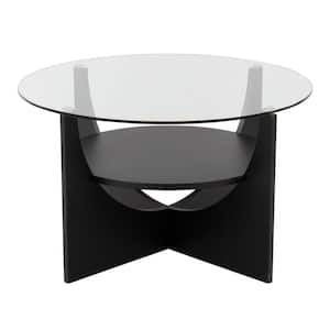 U-Shaped 31.5 in. Black Wood and Clear Glass Round Coffee Table