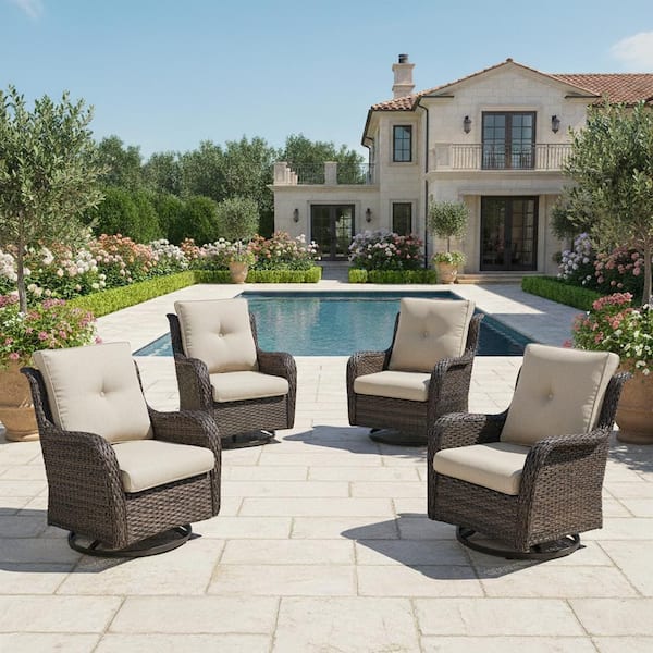 Pocassy 4-Piece Set Outdoor Swivel Brown Wicker Outdoor Rocking Chair with CushionGuard Beige Cushions