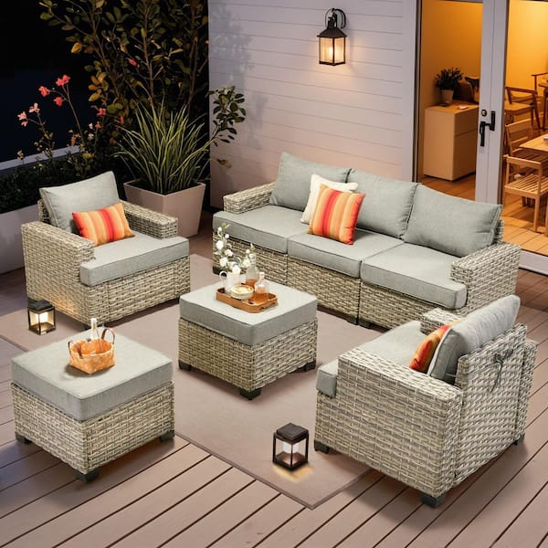 Tiberty Gray 7-Piece Wicker Patio Conversation Seating Set with Dark Gray Cushions