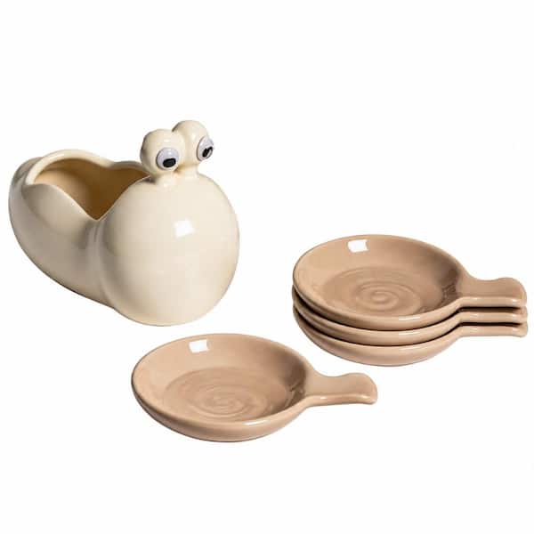 Cute Snail Shaped White Ceramic Spoon Rest Set with Holder 4 Piece Countertop Kitchen Utensil Trivet