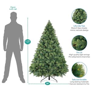 4.5 ft. Prelit Artificial Christmas Tree with Pine Cones, Foot Pedal, 561 Branch Tips, 300 Warm Lights and Metal Stand