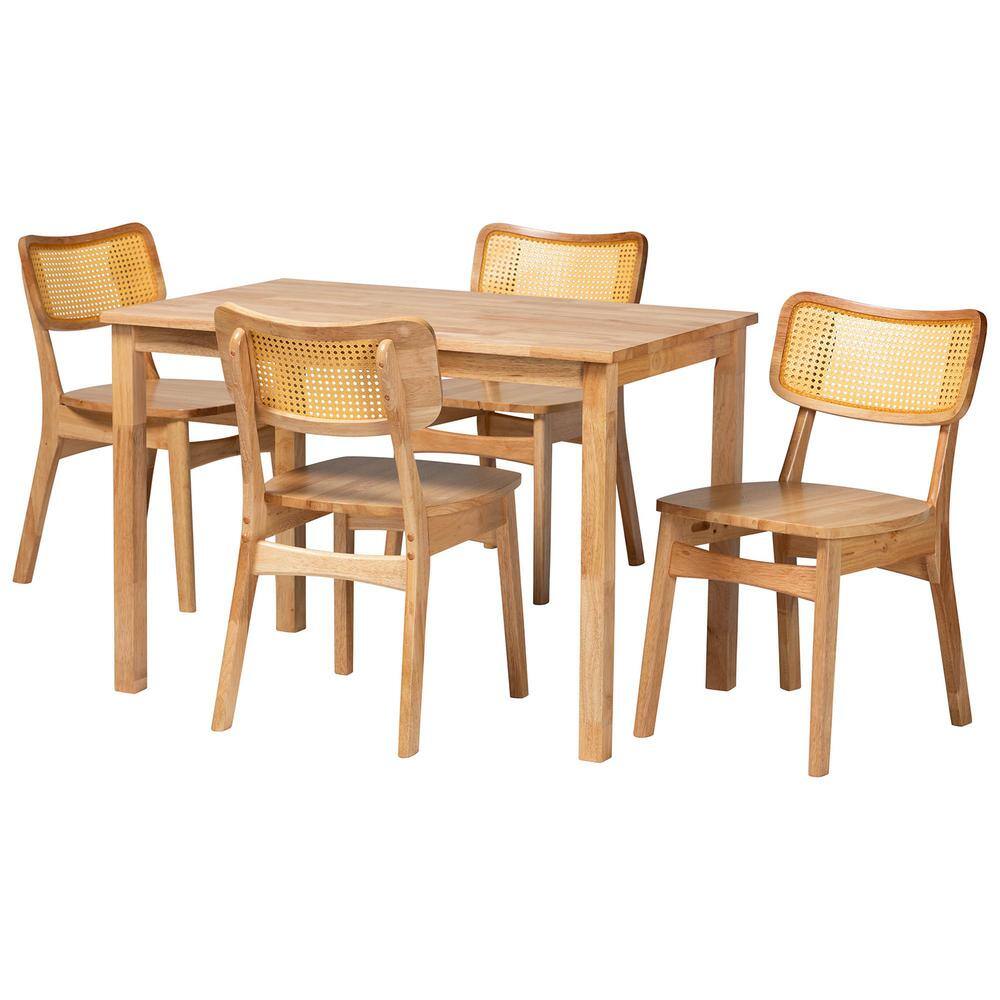 Mid-Century Modern Oak Brown Wood and Rattan 5-Piece Dining Set