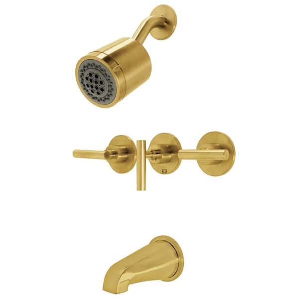 Kingston Brass Manhattan Triple Handle 2-Spray Tub and Shower Faucet 1.8 GPM with Corrosion Resistant in. Brushed Brass