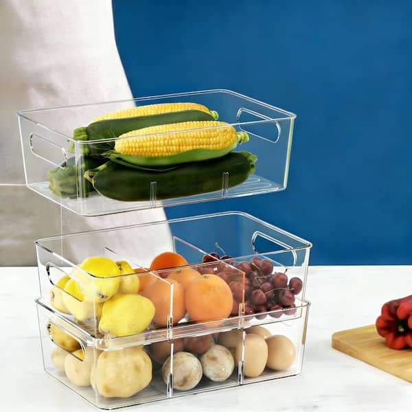 4-Pack Clear Plastic Food Organizer for Pantry Shelf with Removable Divider, Stackable and Durable Design