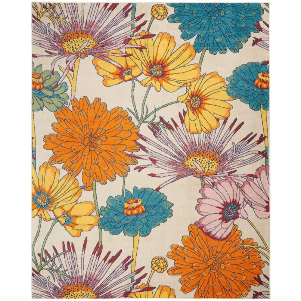 Ivory Multicolor Floral 9' x 12' Synthetic Area Rug