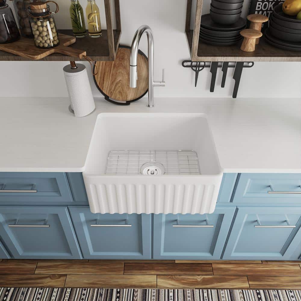 Perch 24" White Ceramic Farmhouse Apron Kitchen Sink