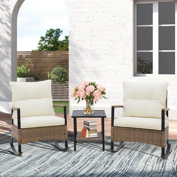 3-Piece Wicker Patio Conversation Set with Beige Cushions