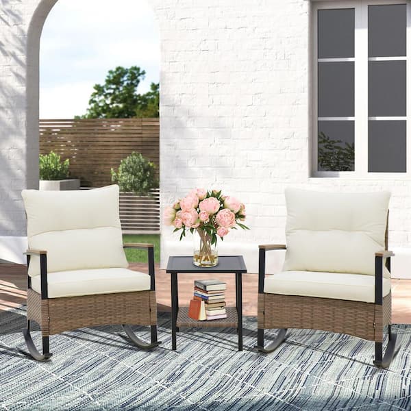 EAGLE PEAK 3-Piece Wicker Patio Conversation Set with Beige Cushions