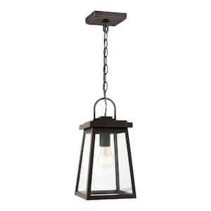Founders 1-Light Bronze Transitional Exterior Outdoor Pendant Light Lantern with Clear and White Glass Panels Included