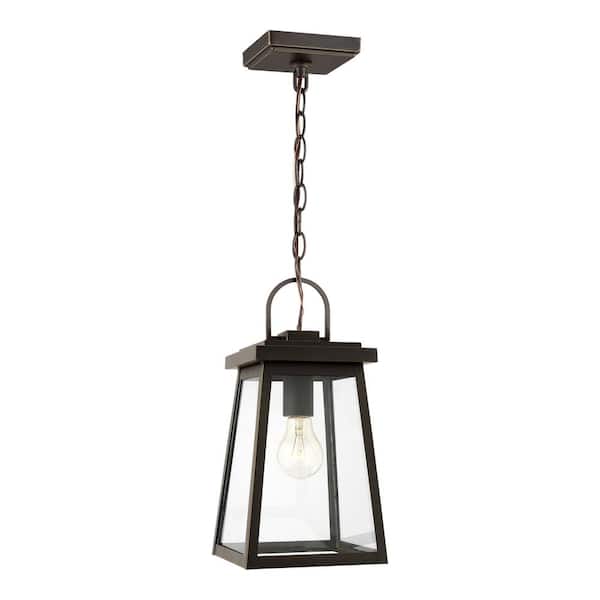 Generation Lighting Founders 1-Light Bronze Transitional Exterior Outdoor Pendant Light Lantern with Clear and White Glass Panels Included