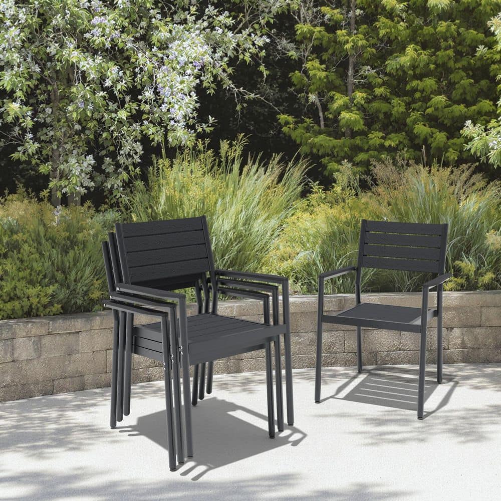 Polywood Kitchen Chairs with Armrest Aluminum Frame Stackable Outdoor Dining Chairs with Ladder Back in Black Set of 2 price history on PriceWatchPro