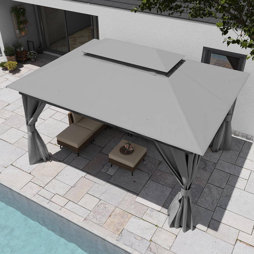 Gray 10'x13' Steel Patio Gazebo with Double Roof and Mosquito Netting