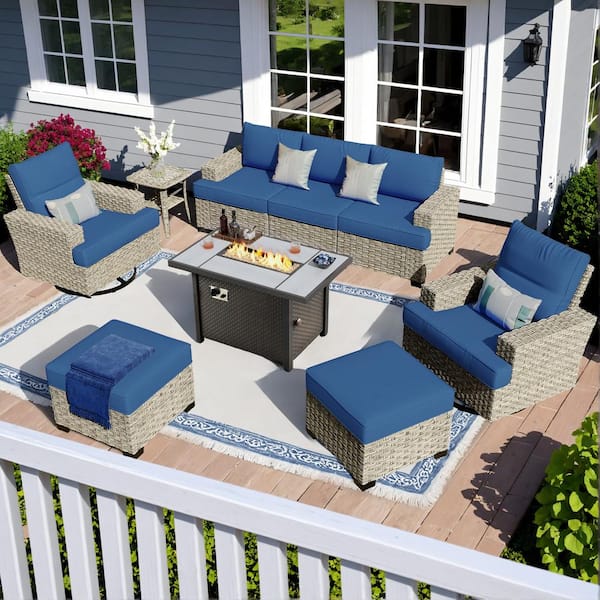 OVIOS Tibercy Gray 9-Piece Wicker Patio Rectangle Fire Pit Conversation Set with Navy Blue Cushions and Swivel Chairs