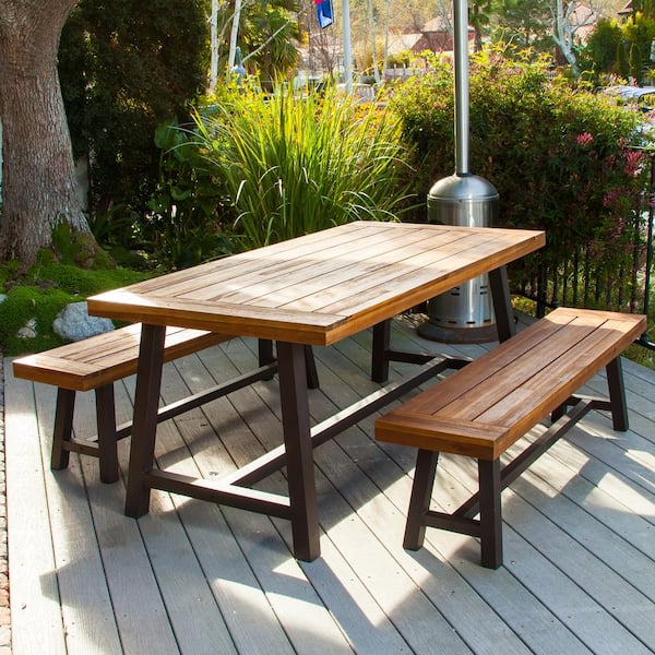Noble House Carlisle Rustic Metal 3-Piece Wood Rectangular  Outdoor Patio  Dining Set