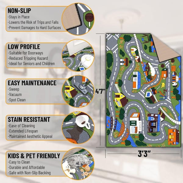 Kid's Non-Slip Rubberback Educational Town Traffic Play 3 x 5 Area Rug, 3 ft. 3 in. x 4 ft. 7 in., Green/Multicolor
