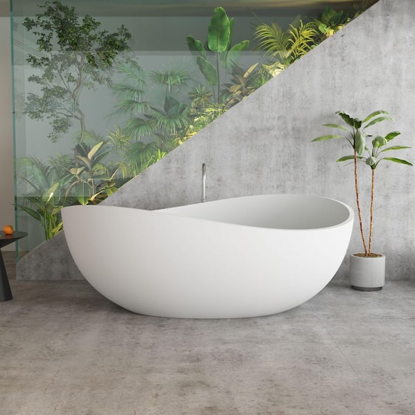 Moray 63 in. x 37 in. Solid Surface Stone Resin Flatbottom Freestanding Double Slipper Soaking Bathtub in Matte White