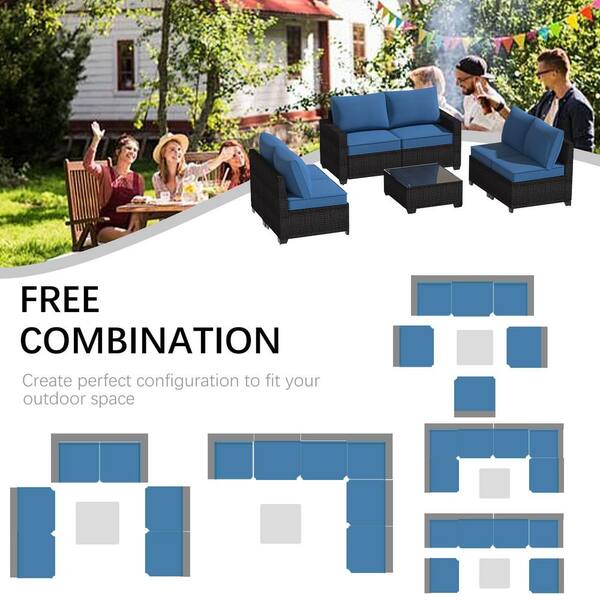 7-Piece Dark Brown Wicker Outdoor Sectional Set with Peacock Blue
