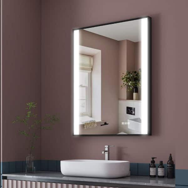 28 in. W x 36 in. H Rectangular Framed Wall LED Bathroom Vanity Mirror in Black Dimmable Anti-Fog