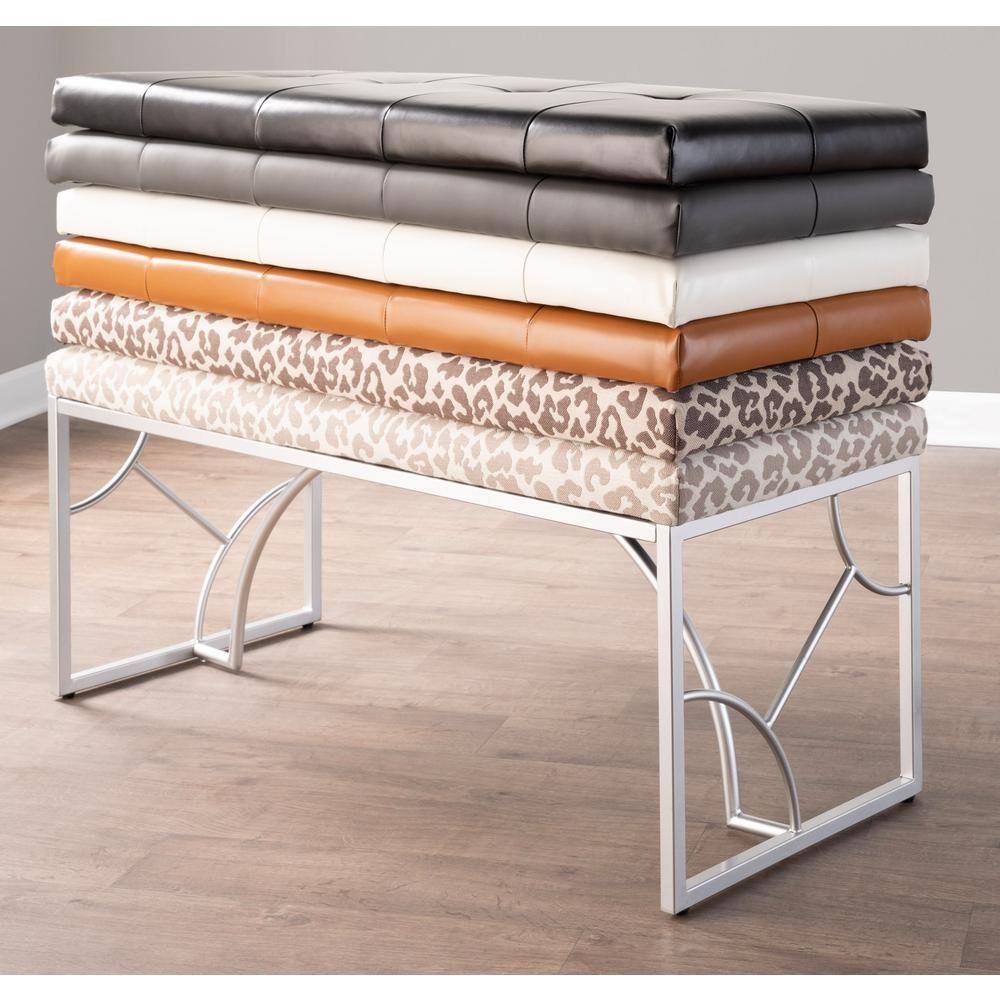 Silver Metal Beige Leopard Print Fabric Bench