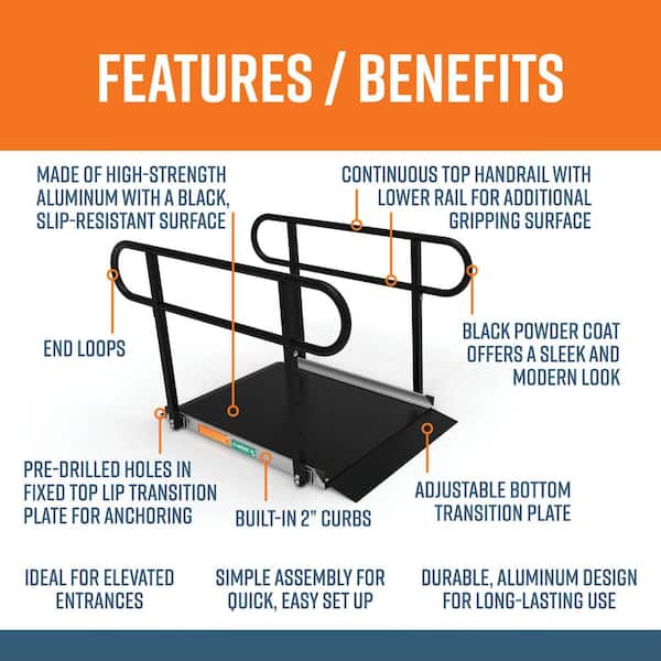 GATEWAY 3G 4 ft. Aluminum Solid Surface Black Wheelchair Ramp with Black 2-Line Handrails