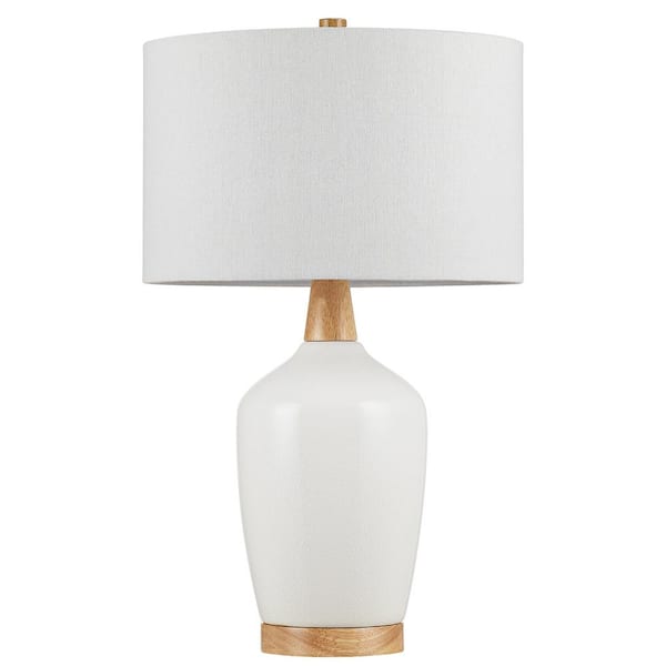 KAWOTI 22. 5 in. White Crackle Ceramic Table Lamp with Natural Wood Decorates